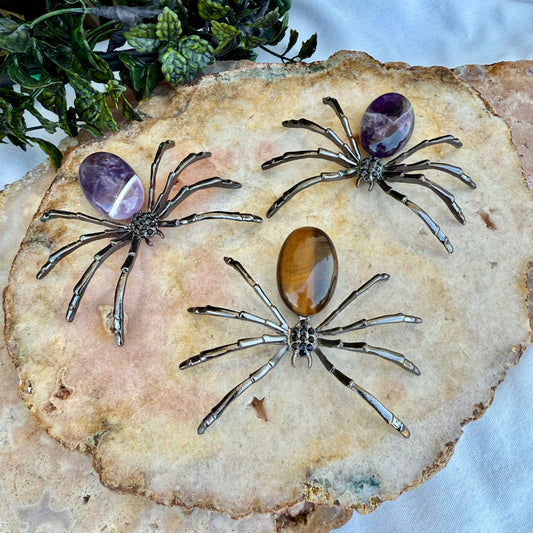 Spider Carved Crystal, Tigers Eye, Dream Amethyst