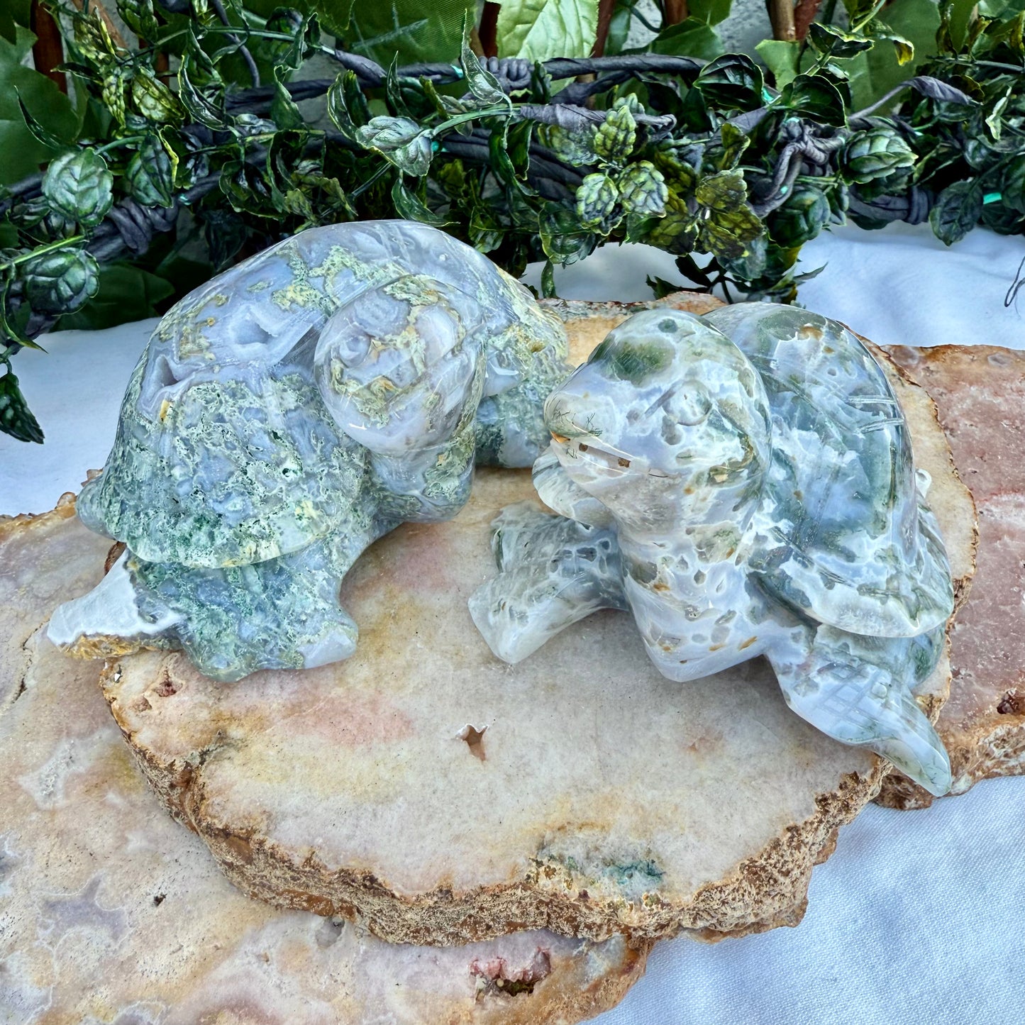 Moss Agate Carved Sea Turtle, New Beginning, Creativity Stone