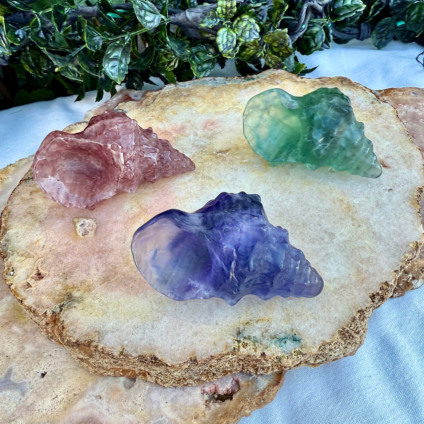 Assorted Carved Seashells, Fluorite, Amethyst, Strawberry Quarzt