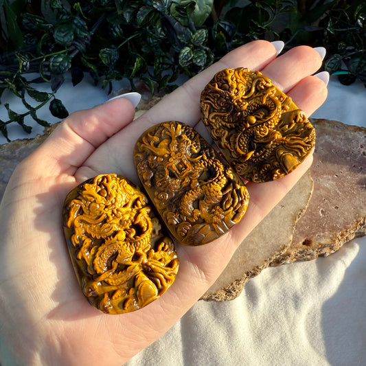 Highest Quality Tigers Eye Dragon Carving, Strength, Protection Stone