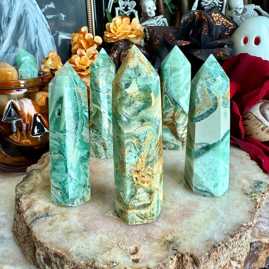 Green Opalized Fluorite Tower, Heart Chakra, Energy Blockages