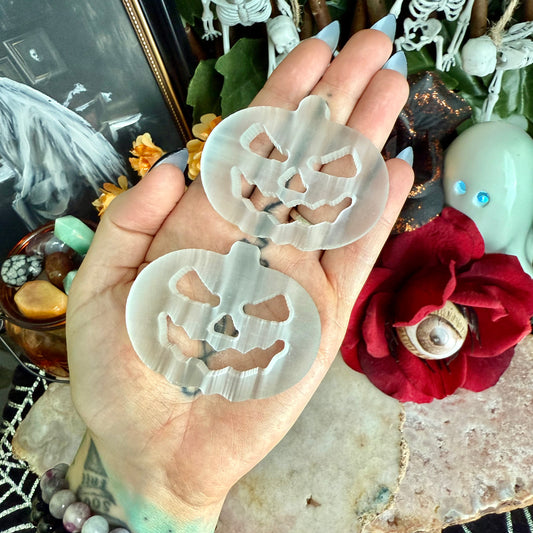 Selenite Carved Jack-O-Lantern, Powerful Cleansing & Healing Stone