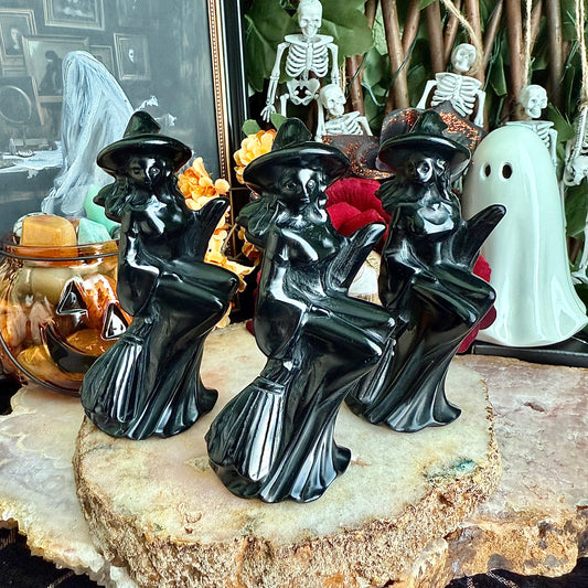 Black Obsidian Carved Flying Witch, Intense Protection, Negativity Crystal