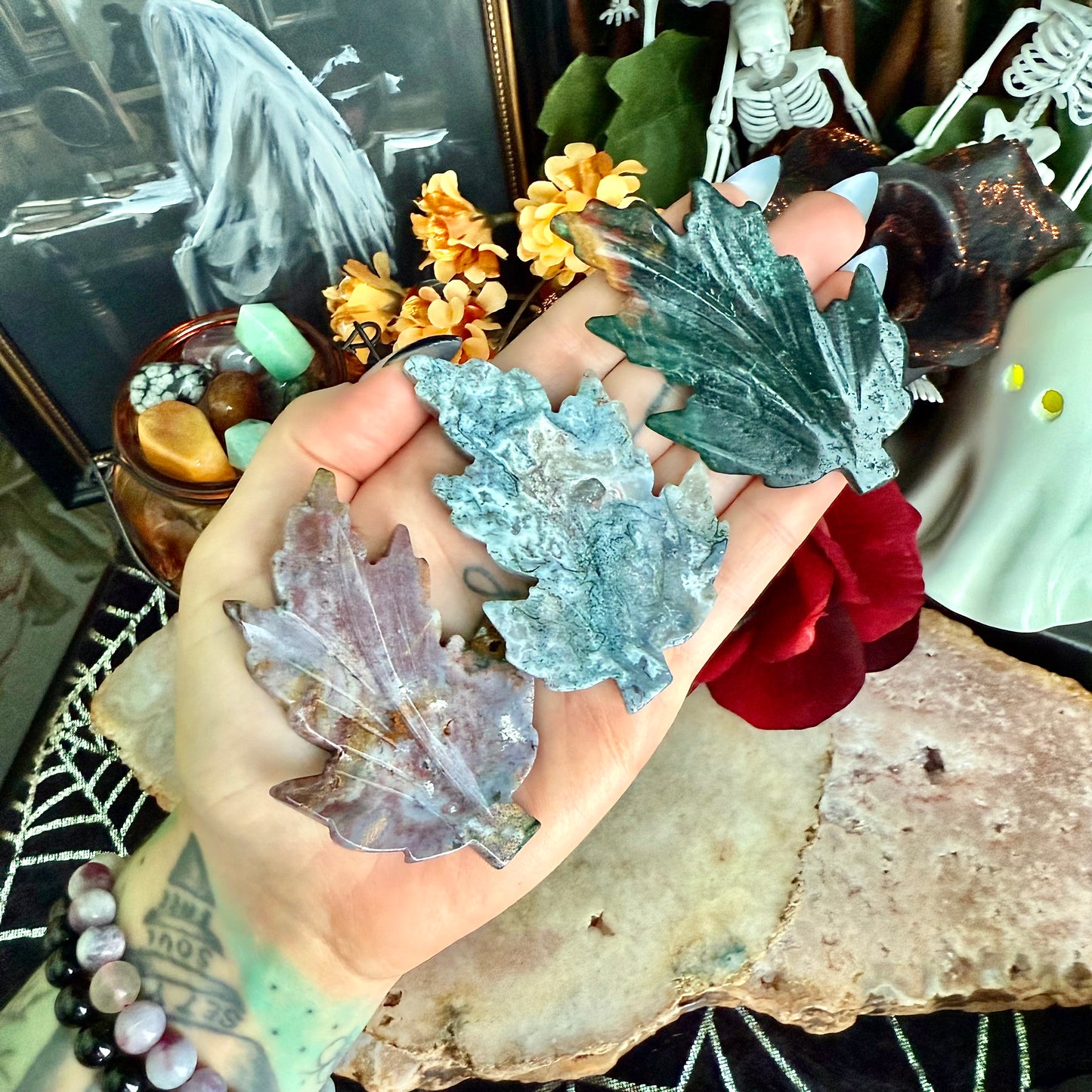 Ocean Jasper Carved Fall Leaf, Rebirth & Regeneration Stone