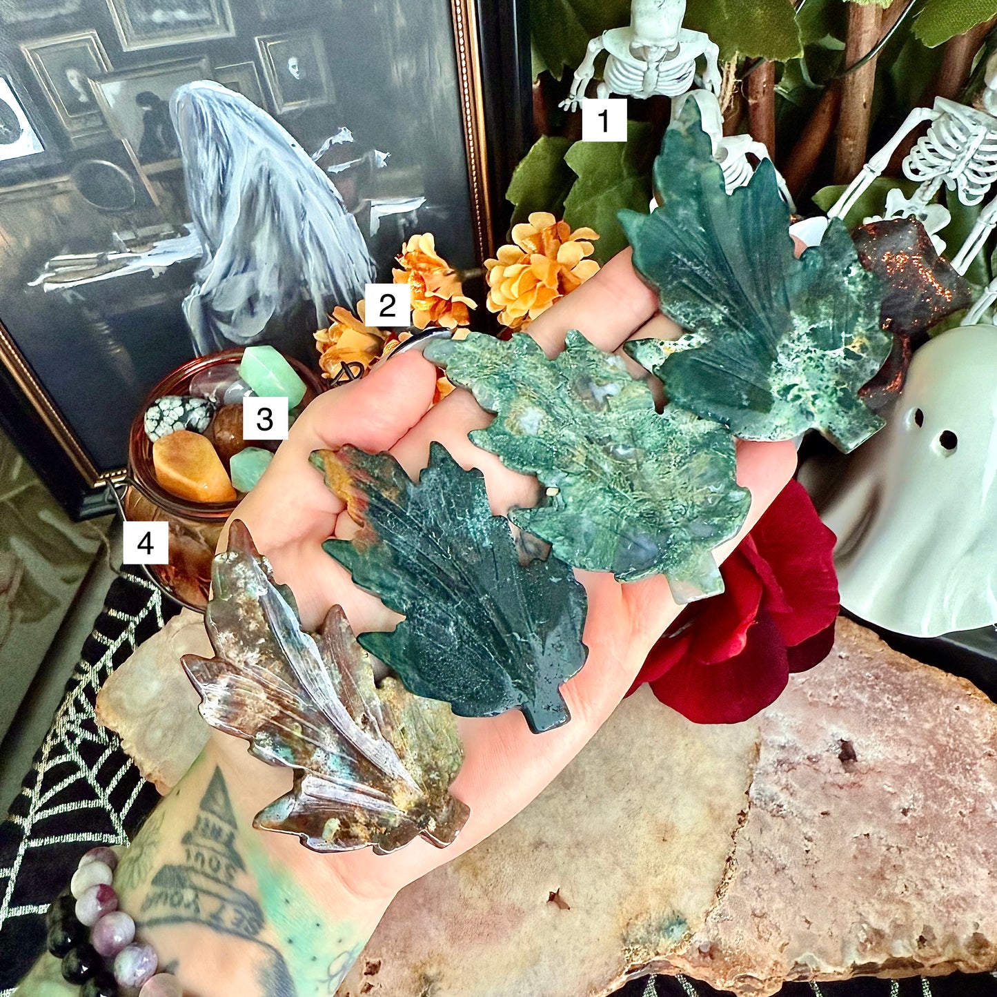 Ocean Jasper Carved Fall Leaf, Rebirth & Regeneration Stone