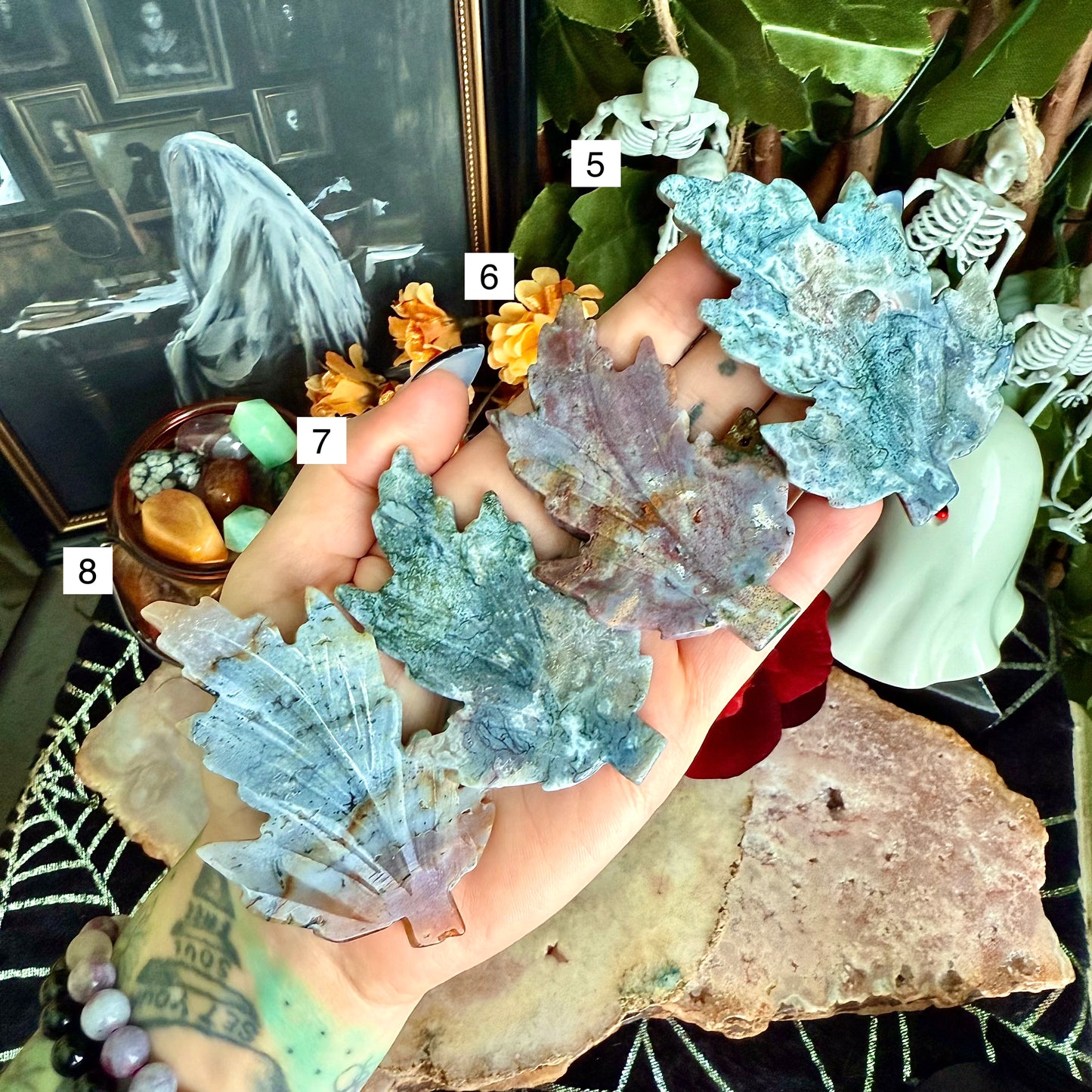 Ocean Jasper Carved Fall Leaf, Rebirth & Regeneration Stone