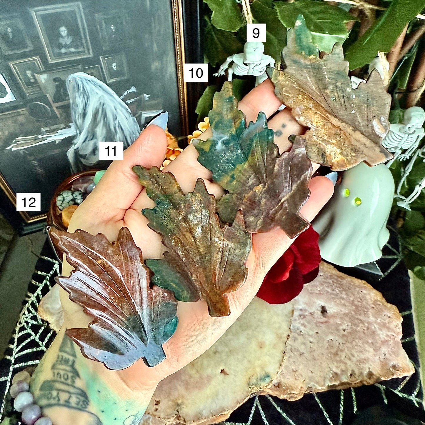 Ocean Jasper Carved Fall Leaf, Rebirth & Regeneration Stone