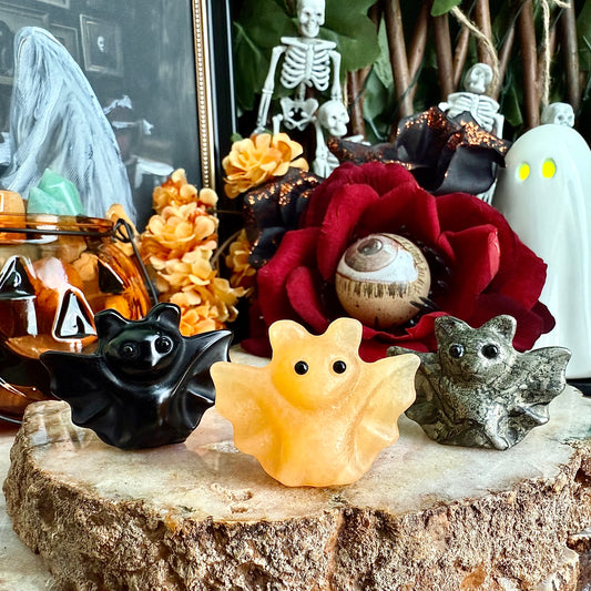 Small Carved Bat, Assorted Crystals, Choose Your Own!