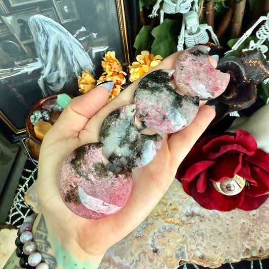 Icy Rhodonite Crescent Moon, Stone Of Compassion, Heart Chakra