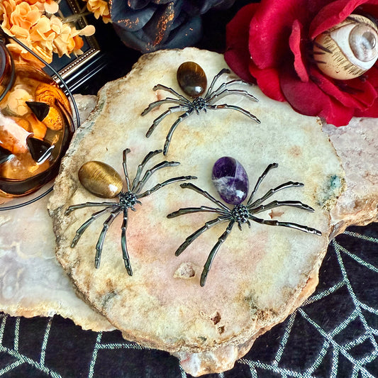 Spider Carved Crystal, Tigers Eye, Dream Amethyst