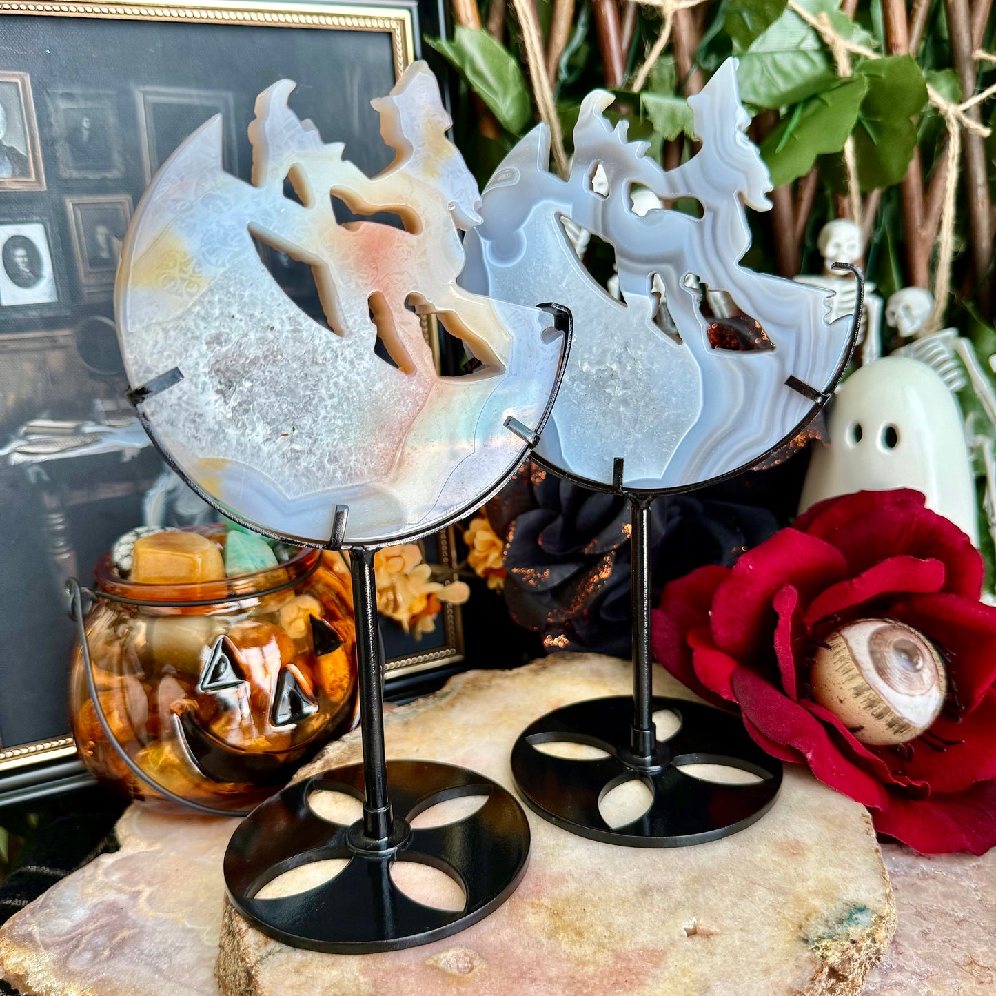 Druzy Blue Agate Carved Witch With Stand, Grounding, Calming & Soothing