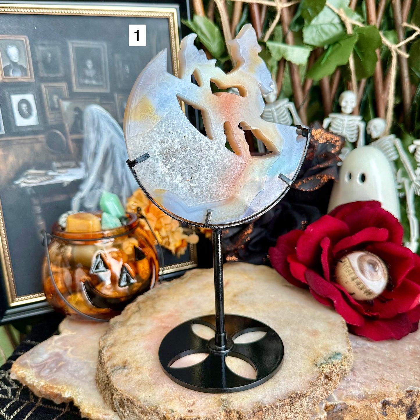 Druzy Blue Agate Carved Witch With Stand, Grounding, Calming & Soothing