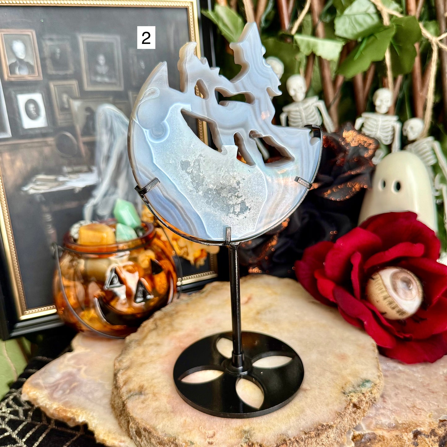 Druzy Blue Agate Carved Witch With Stand, Grounding, Calming & Soothing