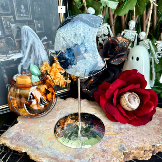 Black Onyx & Quartz Crescent Moon,  Protection & Master Healer Crystal