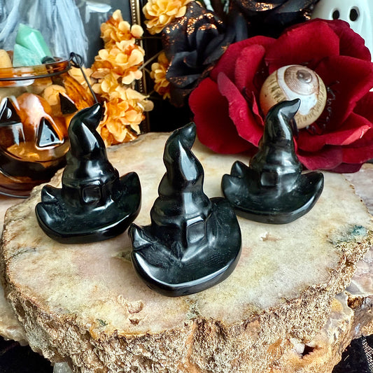 Black Obsidian Carved Witch Hat, Intense Protection, Negativity Crystal