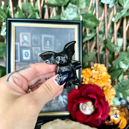Black Obsidian Or Yooperlite Carved Gizmo, Gremlins, Negativity Crystal