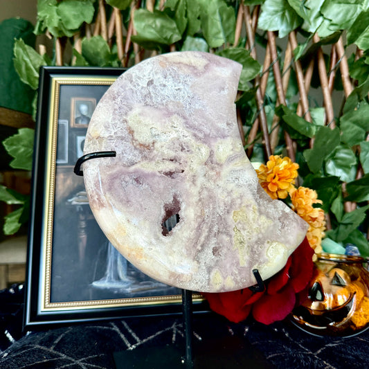 Druzy Pink Amethyst & Flower Agate Crescent Moon, Heart Chakra, New Beginnings Stone