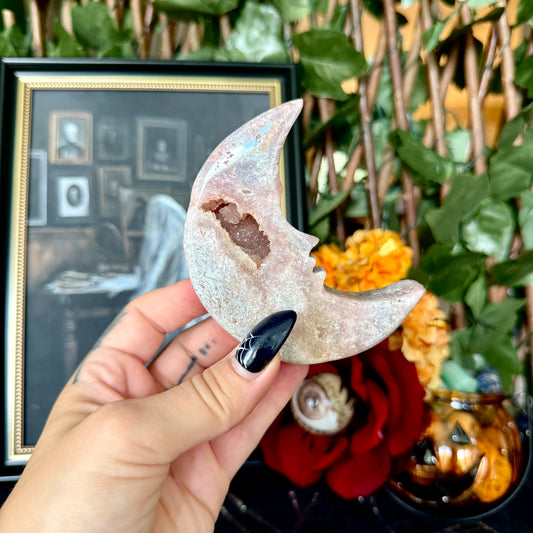 Druzy Pink Amethyst Crescent Moon, Heart Chakra, New Beginnings Stone