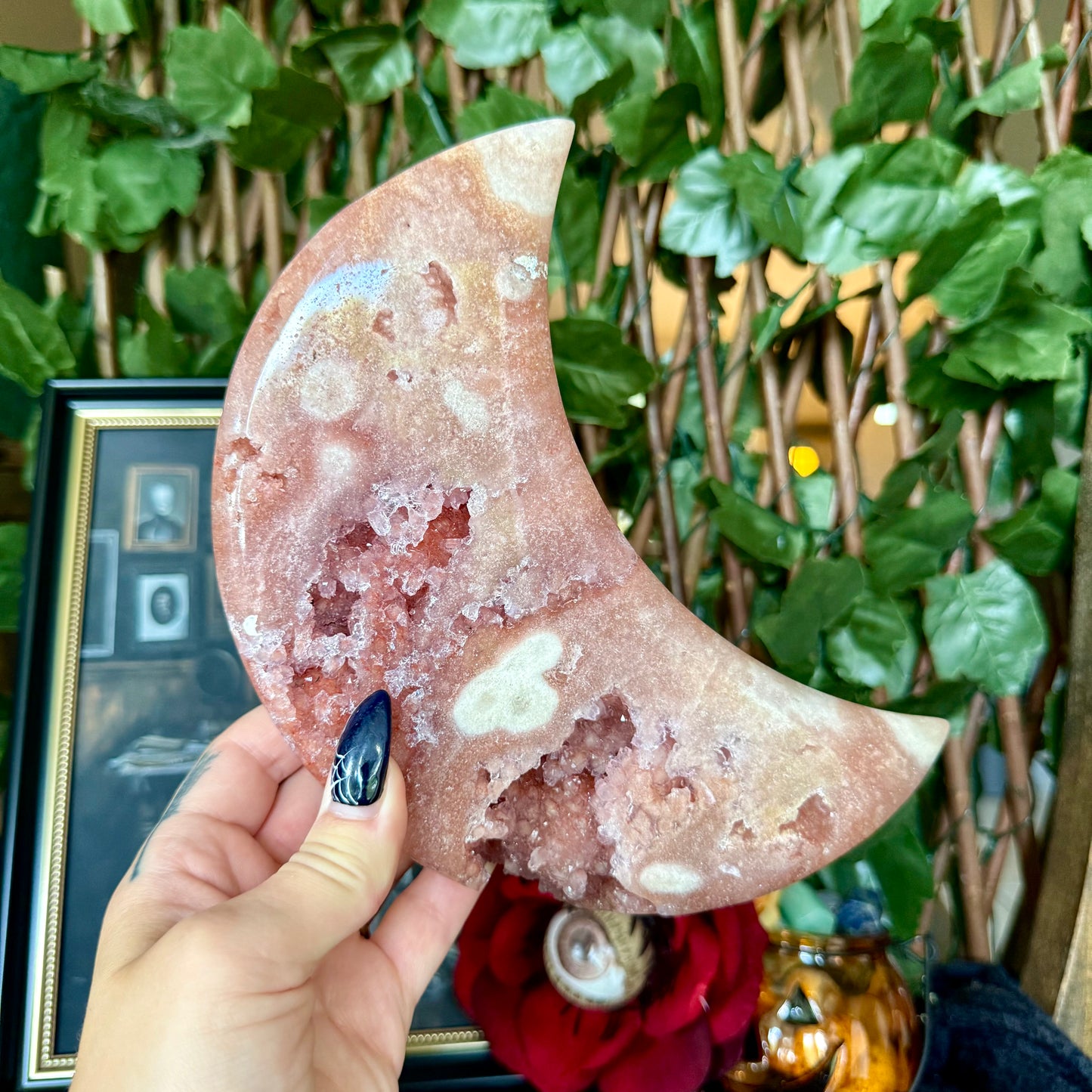 Large Druzy Pink Amethyst Crescent Moon, Heart Chakra, New Beginnings Stone