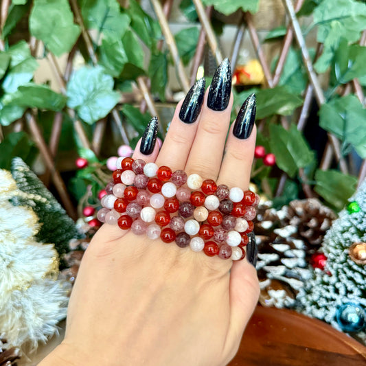 8mm Carnelian, Strawberry Quartz & Flower Agate Bracelet